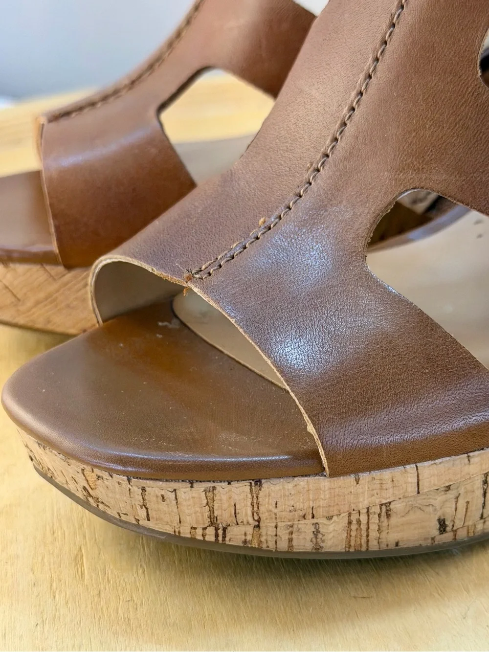Franco Sarto Collette Brown Leather Cork Wedge Sandals
